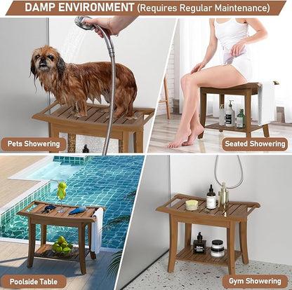 Bamboo Shower Stool Bench Waterproof with Storage Shelf for Shaving Legs or Spa Bath Seat in Bathroom & Inside Shower for Adults Seniors Elderly (24 x 13.4 x 18.5 inches+Walnut)
