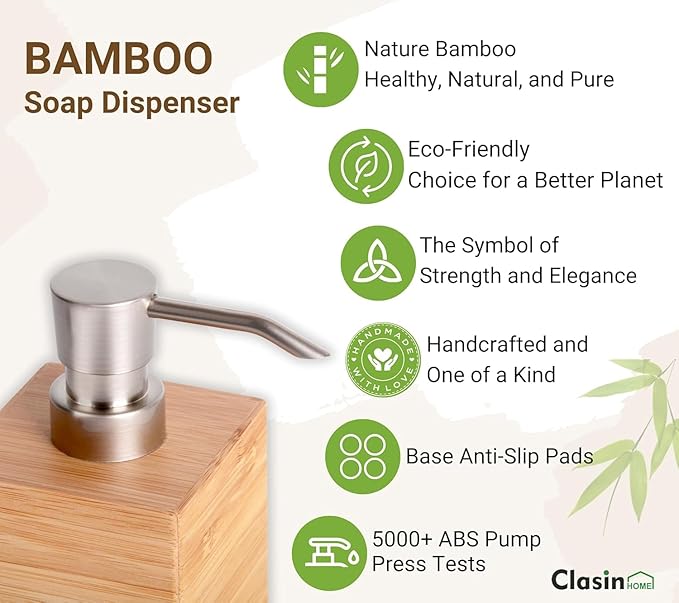 Bamboo Soap Dispenser with Anti-Slip Pads and Stylish Horizontal Wood Grain, Hand Dispenser for Bathroom, Kitchen, Dish, Lotion, Shampoo, Liquid Soap (7 Oz)
