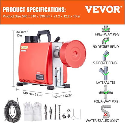 VEVOR 66FT x 5/8 Inch Drain Cleaner Machine, 250W Electric Sewer Snake Auger Manual Feed - with 7 Cutters, 2 Steel Cables (66' x 5/8" and 15' x 3/8")& CW/CCW Control for 1.6" to 4" Pipes