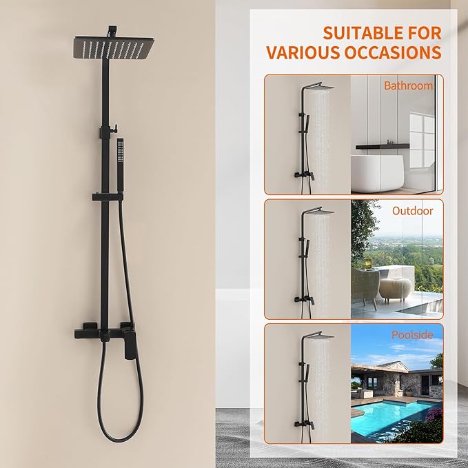 Exposed Shower System with Rain Shower and Handheld Sprayer, Outdoor Shower Fixture with Tub Spout, Rainfall Showerhead Faucet Combo Set for Bathroom Height Adjustable Shower Mixer Matte Black