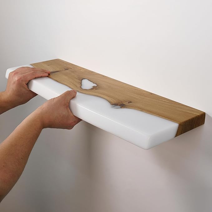 RWA Live Edge Floating Shelf – Unique Wood Floating Shelf for Wall Decor, Living Room, Bedroom, or Bathroom – Stylish Decorative Wall Shelves for Home & Office (White, 16x6:)