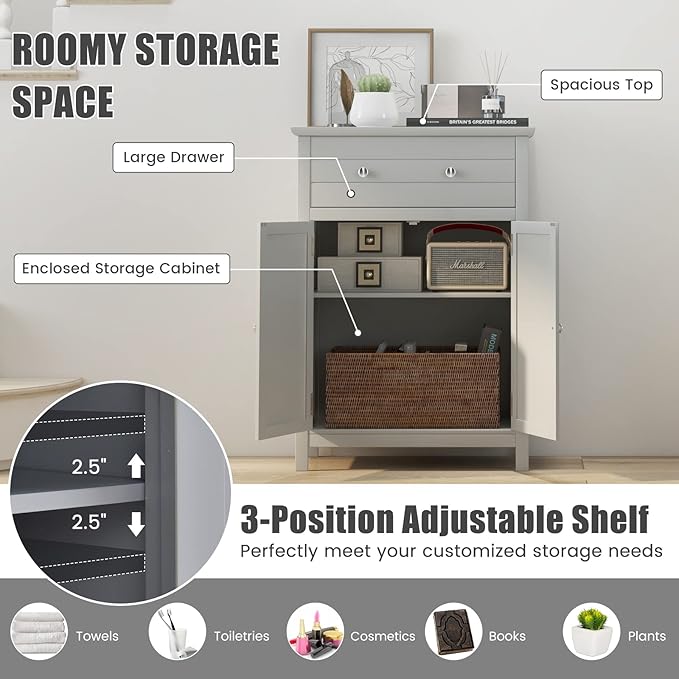COSTWAY Bathroom Floor Cabinet, Wooden Side Storage Organizer w/Larger Drawer, Adjustable Shelf & 2-Door Cupboard, Freestanding Storage Cabinet for Living Room, Kitchen, Entryway (Grey)