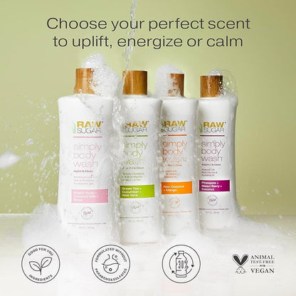 RAW SUGAR Simply Body Wash - Raw Coconut + Mango, Moisturizing & Soothing Bath & Shower Gel, Sulfate-Free, Paraben-Free & Vegan (Pack of 3)