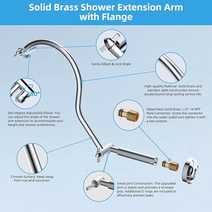 Hibbent All Metal Upgraded 18'' Shower Head Extension Arm with Flange, Solid Brass Flexible Height & Angle Adjustable Shower Arm Extender with Lock Joint, Universal Connection, Chrome