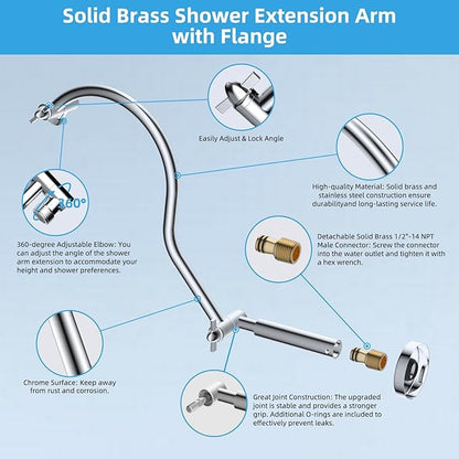 Hibbent All Metal Upgraded 18'' Shower Head Extension Arm with Flange, Solid Brass Flexible Height & Angle Adjustable Shower Arm Extender with Lock Joint, Universal Connection, Chrome