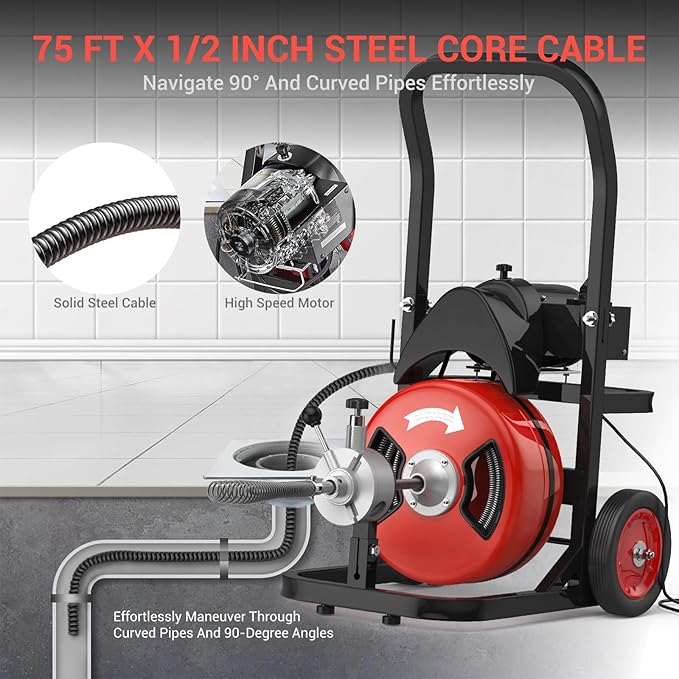 Electric Drain Cleaning Machine 75Ft 1/2 Inch, 450W Auto Feed Portable Sewer Snake, Drain Auger with 6 Cutter and Air-Activated Foot Switch for 2"–4" Pipes