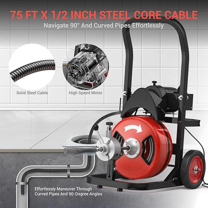 Electric Drain Cleaning Machine 75Ft 1/2 Inch, 450W Auto Feed Portable Sewer Snake, Drain Auger with 6 Cutter and Air-Activated Foot Switch for 2"–4" Pipes