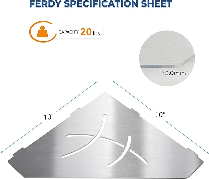 FerdY 2-Pack 10" Brushed Nickel Recessed Corner Shower Shelf, for Tiled Bathroom Walls, Floating Shower Shelf, 304 Stainless Steel Shower Caddy Storage Shelves, No Drilling Required, Irregular Diamond