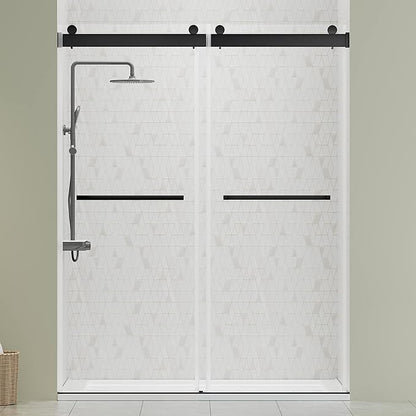 DELAVIN 56"-60"W x 75"H Frameless Shower Door, Double Sliding Shower Door, 5/16"(8mm) Clear Tempered Glass, Noiseless Shatterproof Shower Door with Square Rail, Stainless Steel, Aluminum, Matte Black