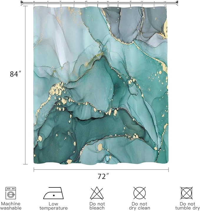 Extra Long Shower Curtain 72 x 84 Inch, Turquoise Tall Abstract Marble Shower Curtains for Bathroom, Modern Luxury Art Decor Ink Texture Fabric Shower Curtain Set with Hooks