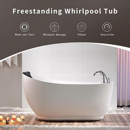 Empava 59 Inch Acrylic Freestanding Whirlpool Tub, Hydromassage Gracefully Oval Shaped Whirlpool 7 Water Jets Soaking SPA, Lumbar and Neck Support, Black Pillow, ETL Certified, White