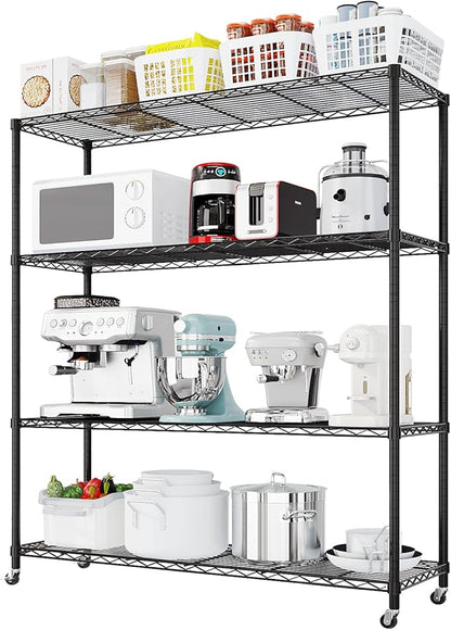 4 Tier Storage Racks Shelving, Heavy Steel Pantry Shelves, Adjustable Wire Shelving Rack with Wheels, Suitable for Garage, Kitchen, Bathroom, Office, 46" W x 18" D x 65" H, Black