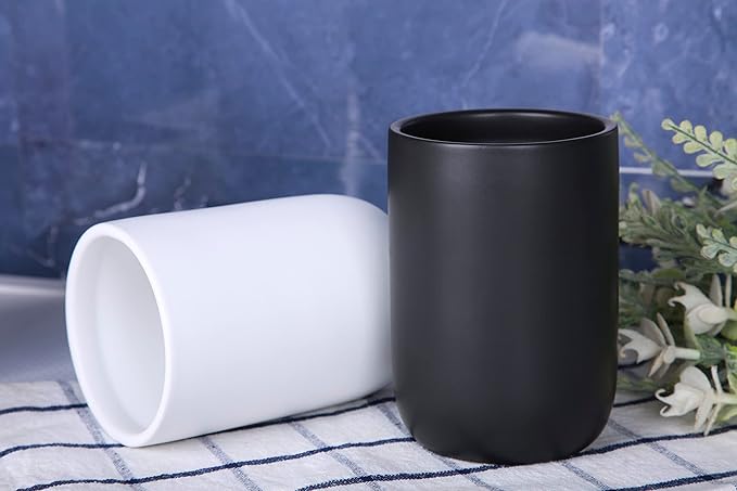 Ceramic Toothbrush Holders for Bathrooms, 8 oz Matte Tooth Brushing Dispenser, Small Tooth Brush Organizer for Vanity Countertop, Toothpaste Storage Stand, Tumbler Cup for Makeup Brushes-Black