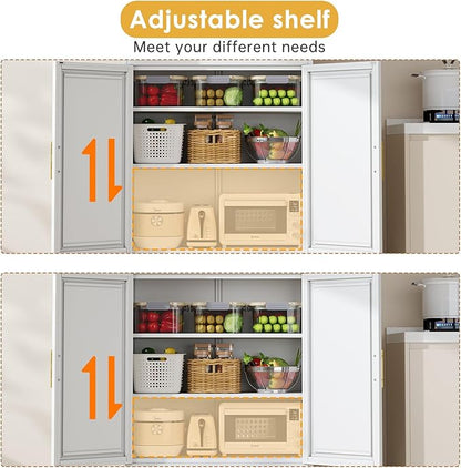 75" Tall Metal Kitchen Pantry Storage Cabinet, Freestanding Cupboard Storage Cabinet with 4 Doors and 4 Adjustable Shelves, Large Stand Up Food Cupboard for Dinning Room, Bathroom, White