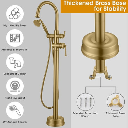 Freestanding Bathtub Faucet, Floor Mount Tub Faucet Brushed Gold High Flow Tub Filler, Roman Tub Faucet with Antique Handheld, Swivel Gooseneck Spout Shower Mixer Taps (B2311-BG)