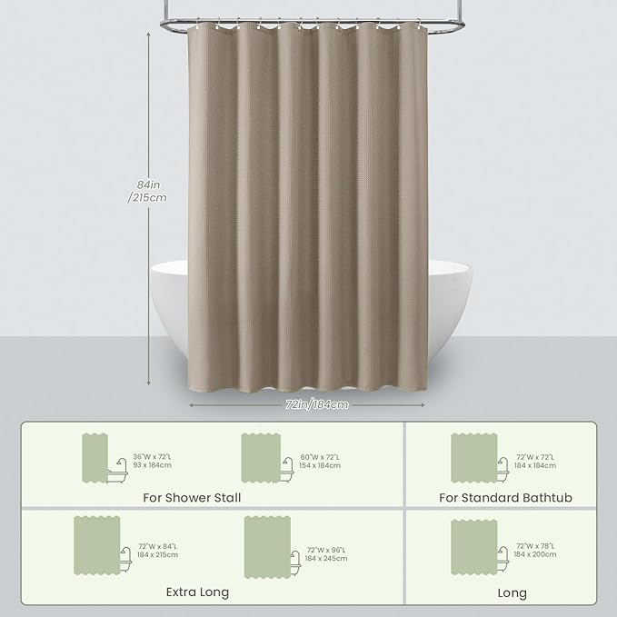 Inhousolu Fabric Shower Curtain Waffle Weave, 230 GSM Heavy Duty, Weighted Hem, 14 Metal Hooks, Water Repellent, Machine Washable, Hotel Spa Luxury Bath Curtain Set, 72 x 84 Inch, Beige