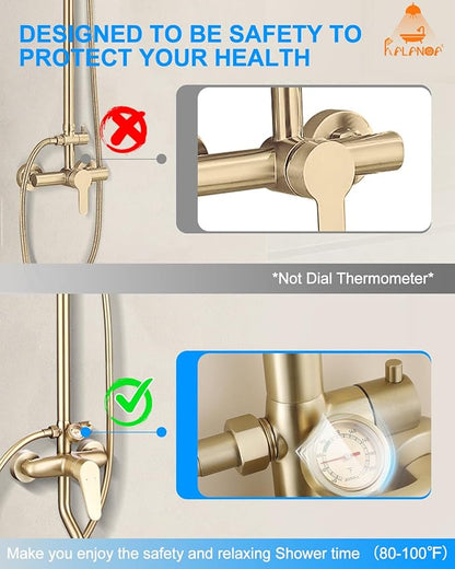 Outdoor Shower Fixture,3 Functions Handle Tub Rainfall Shower Faucet Sets with Dial Thermometer Brass Valve, Exposed Shower System with 10'' Rainfall Shower Head Adjustable (Brushed Gold)