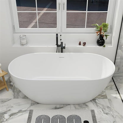 GIVINGTREE 59'' Freestanding Solid Surface Resin Stone Bathtub, Contemporary Design Stand Alone Tub with Pop-up Drain and Overflow, cUPC Certified, Matte White