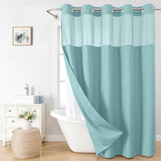 No Hooks Needed Linen Textured Shower Curtain with Snap-in Fabric Liner Set,Hotel Luxury Decor Waterproof Shower Curtains for Bathroom with Mesh Top Window,Washable,71Wx74H,Teal