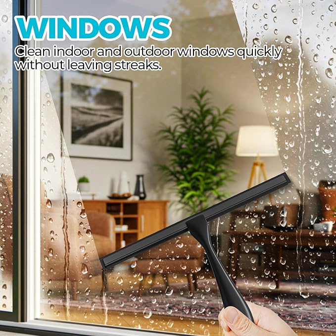 12-Inch All-Purpose Shower Squeegee for Shower Doors, Tile Shower Walls, Bathroom, Window, Glass and Car Windshield, Mirrors and Kitchen-Stainless Steel, Black