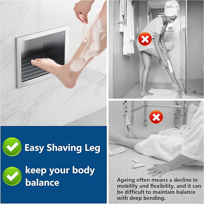 Shower Foot Rest for Shaving Legs, 304 Stainless Steel Footrest Niche with Shaving Holder, Recessed Shower Niche for Shaving Legs, Brushed Nickel