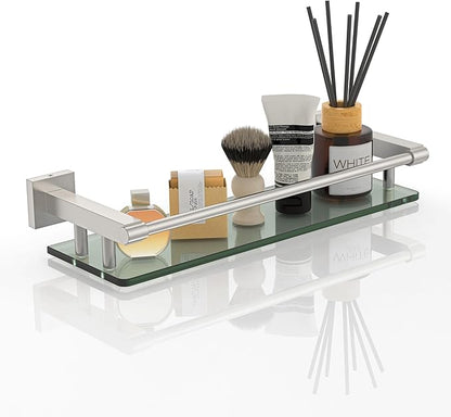Glass Shelves for Bathroom, 16IN Brushed Nickel Bathroom Shelves for Wall Rectangular Stainless Steel Tempered Glass Modern use for Shelf Sink Over Toilet