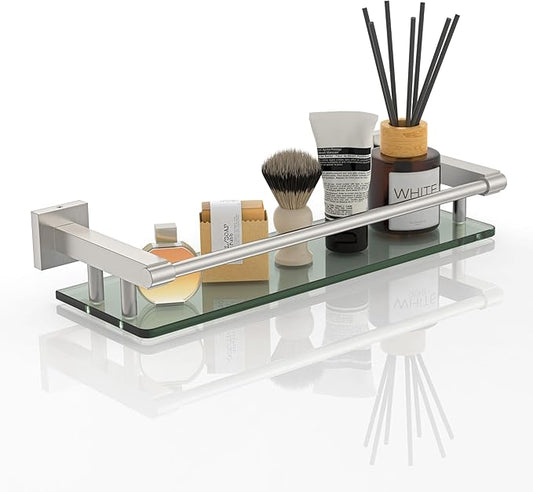 Glass Shelves for Bathroom, 16IN Brushed Nickel Bathroom Shelves for Wall Rectangular Stainless Steel Tempered Glass Modern use for Shelf Sink Over Toilet