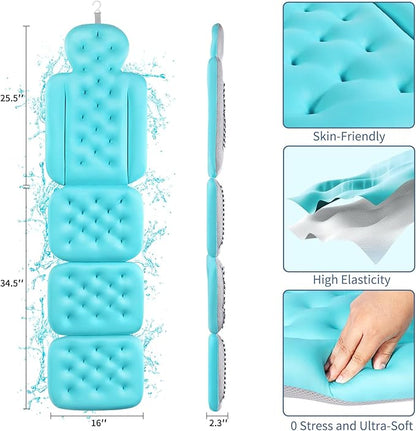 Luxury Bath Cushion, Full Body Bathtub Pillow with 160 Suction Cups, Bath Mat for Head and Neck Support, with Laundry Bag (Blue, 60.2" x 16.2")