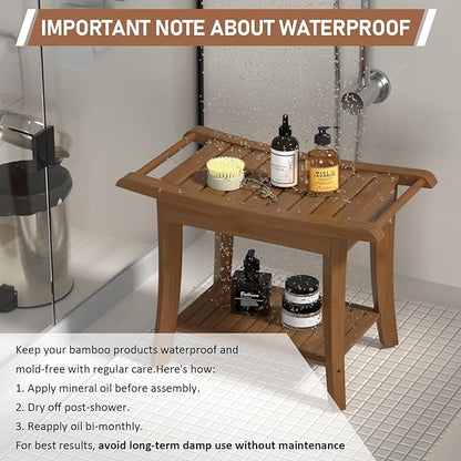 Bamboo Shower Stool Bench Waterproof with Storage Shelf for Shaving Legs or Spa Bath Seat in Bathroom & Inside Shower for Adults Seniors Elderly (24 x 13.4 x 18.5 inches+Walnut)