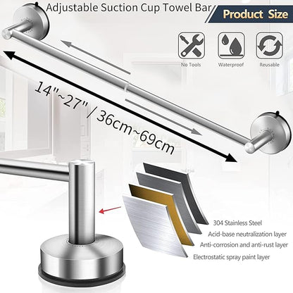 DGYB Adjustable Suction Cup Towel Bar for Bathroom 14 Inch ~ 27 Inch Set of 2 Brushed Nickel Towel Rack Stainless Steel Bath Towel Holder for Glass Shower Door