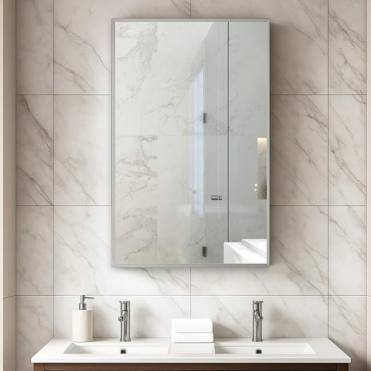 Blossom 15x26 Inch Aluminum Medicine Cabinet with Mirror – Recessed or Surface Wall Mounted Bathroom Storage with Adjustable Glass Shelves, Soft Close Hinges, Rust-Resistant and Modern Mirrored Design