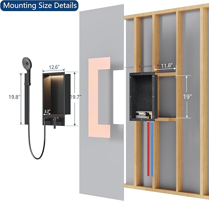 Shower Niche with Round Hand Shower,Sliding Bar and LED Light in Matte Black/Vertical