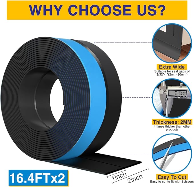 Weather Stripping 32.8FT(L) x 2in(W) Door Draft Stopper Silicone Seal Strip for House and Glass Shower, Door Sweep for Collision and Gaps of Doors and Windows, Weatherproof Soundproof (Black)