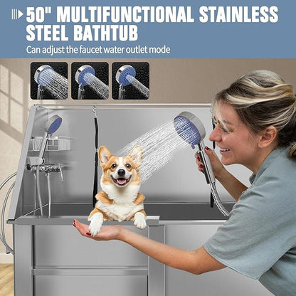 50" Professional Dog Wash Station, Stainless Steel Dog Grooming Tub for Large, Medium & Small Pets - with Anti-Slip Stairs, Drain & Door, Silver