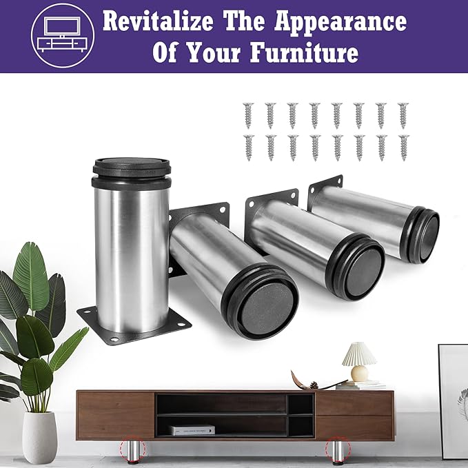 5 Inch Metal Furniture Legs Stainless Steel Adjustable Legs Silver Metal Legs Round Cabinet Legs for Coffee Table Cabinet Desk Sofa Shelves, Pack of 4