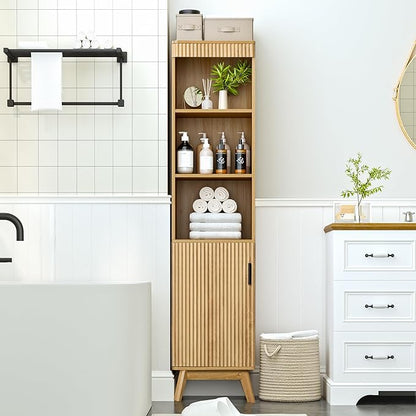 68" Tall Bathroom Storage Cabinet,Narrow Fluted Tower Cabinet with Door and Shelves,Slim Space Saving Storage Unit for Bathroom Kitchen Living Room (Natural, 11.8" D x 15.75" W x 68" H)