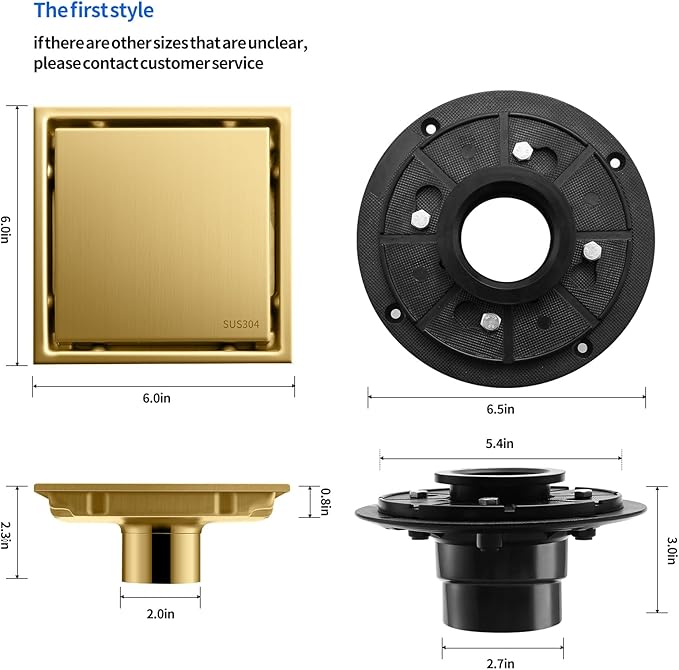 Hidden Brushed Square Shower Floor Drain, Gold 6 inch, 304 Stainless Steel, with Flange, Detachable Cover Embedded in Ceramic Tiles
