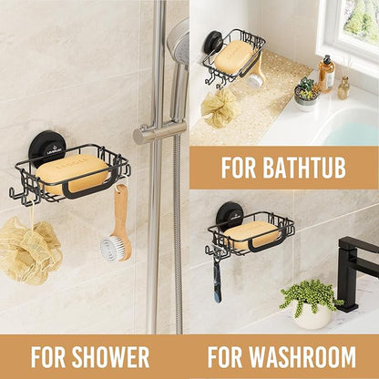 LEVERLOC Soap Holder Dish with Hooks for Shower, Bar Suction Cup Soap Tray Wall Mounted, Rustproof Stainless Steel Sponge Holder Caddy for Bathroom Bathtub Kitchen Sink, Black