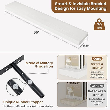 fuqing Floating Shelves for Wall, Wall Mounted Wood Floating Shelf with Invisible Brackets for Living Room, Bathroom, Bedroom, Kitchen Storage and Decor, 55 Inch Set of 2, White