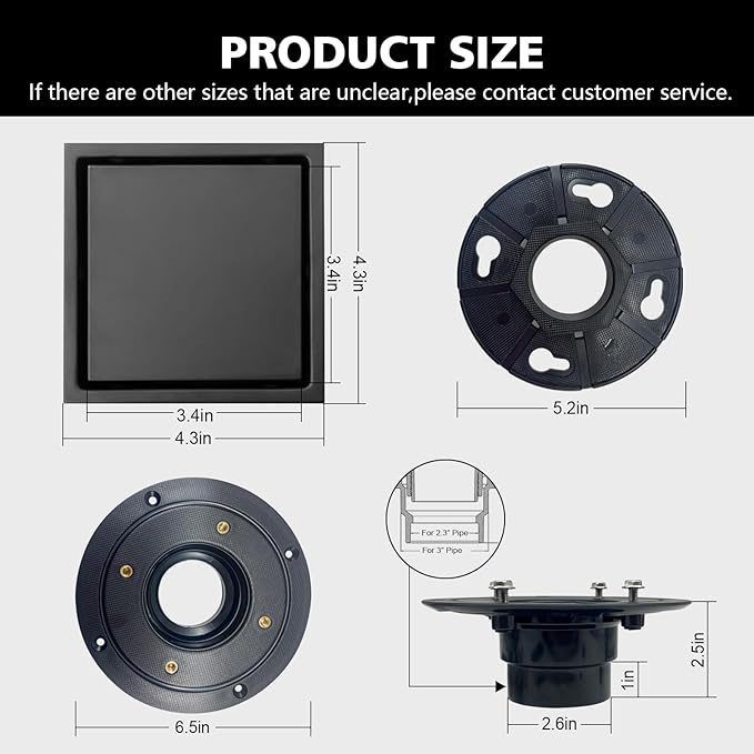 4 Inch Square Shower Drain with Flange, Removeable Grate SUS 304 Stainless Steel Shower Drain with Hair Catcher (Matte Black-1, 4 Inch)