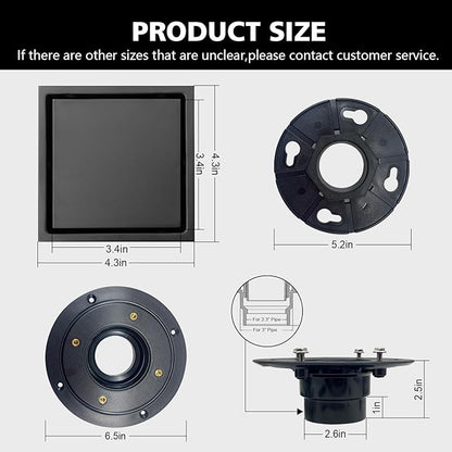 4 Inch Square Shower Drain with Flange, Removeable Grate SUS 304 Stainless Steel Shower Drain with Hair Catcher (Matte Black-1, 4 Inch)