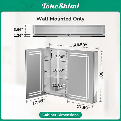 TokeShimi 36 x 30 LED Mirrored Medicine Cabinet with Defogger, 3 Colors Lighted Medicine Cabinet Tempered Stepless Dimming, CRI 80+, Memory Funtion, Wall Mount Bathroom Mirror with Storage
