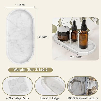 Natural Marble Tray for Vanity, 2" L x 6" W White and Gray Marble Tray with 4 Non-Slip Silicone Gaskets, Decorative Tray for Perfume, Jewelry, Coffee Table, Kitchen, Dresser Organizer