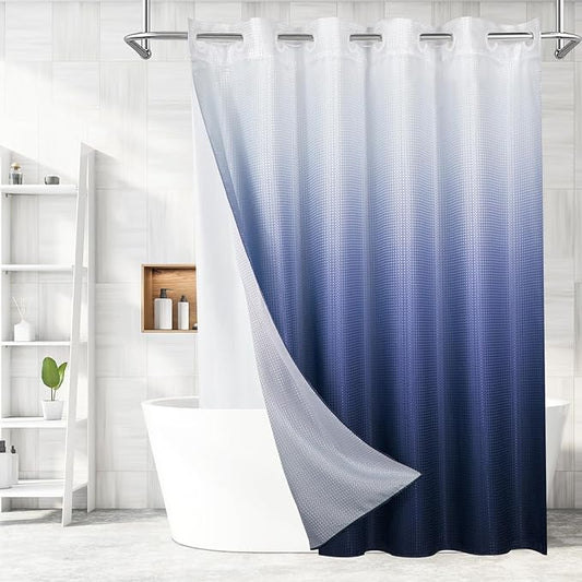 MitoVilla No Hooks Required Navy Blue Shower Curtain Liner Set, Modern Blue Ombre Waffle Weave Heavy Duty Fabric Shower Curtain with Snap-in Liner for Luxury Neutral Hotel Spa Bathroom Decor, 72 x 74