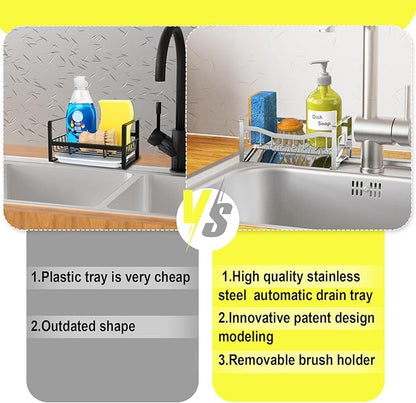 Maifan Stainless Steel Kitchen Sink Caddy Organizer with Auto Drain Tray, Sponge Holder for Countertop Storage Silver
