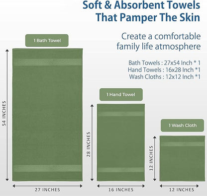 DAN RIVER 100% Ring Spun Cotton 3-Piece Towel Set, Sage-Green, Bath Towel, Hand Towel and Washcloths, 550 GSM - Soft, Absorbent Quick Dry Cotton Towels for Bathroom, Spa, and Gym