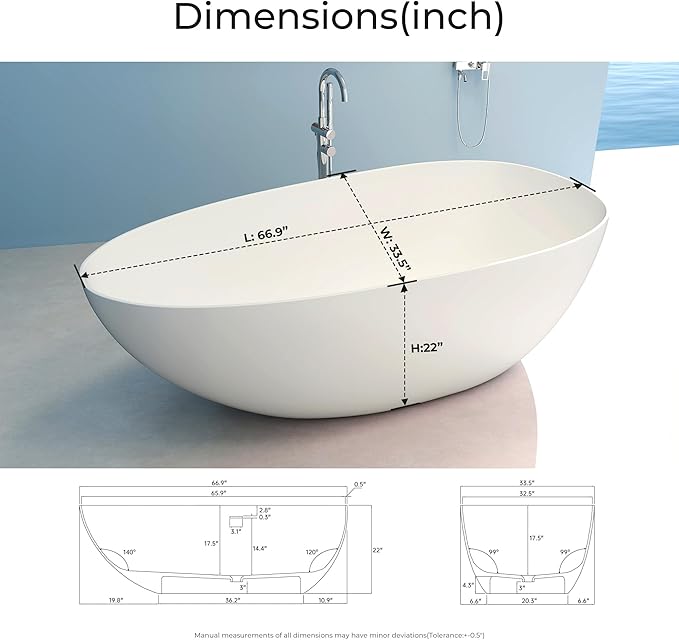 Premium 67'' Solid Surface Freestanding Bathtub, Upgraded Oval Shape Stone Resin Soaking Tub with Drain and Overflow, Matte White
