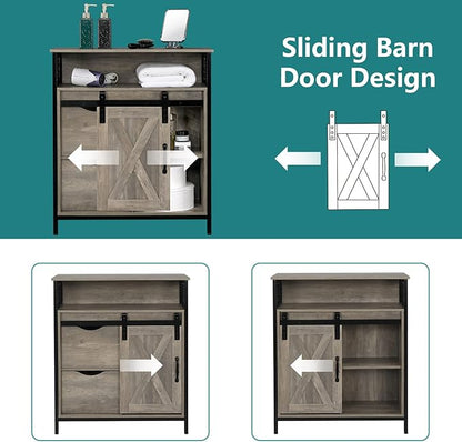 VINGLI Farmhouse Bathroom Floor Storage Cabinet, Rustic Freestanding Cabinet Organizer w/Sliding Barn Door, 2 Large Drawers and Adjustable Shelves (Wash Grey)