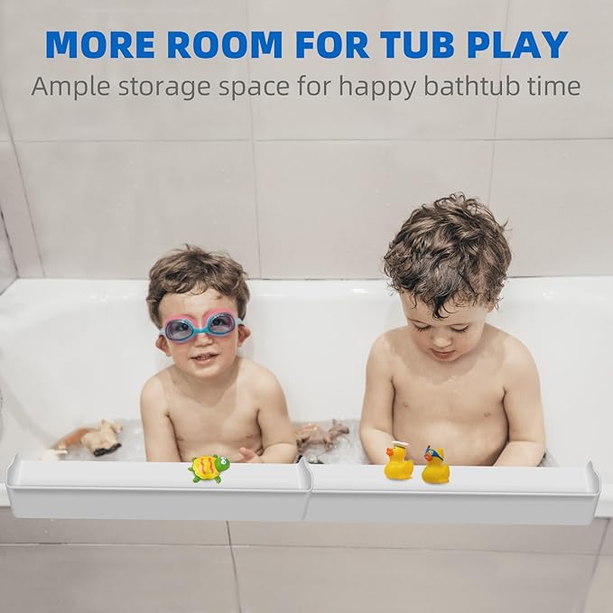 Splash Guard for Bathtub, 3.8" x 3.6" Silicone Bath Tub Splash Guard with 6 Suction Cups, Bathtub SplashGuard Play Shelf Area for Kids with 3°Drainage Slope for Faster Drying - 2 Packs White
