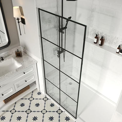 30" W x 76" H Frameless Shower Screen, Fixed Glass Panel for Walk-In Shower, 3/8" Tempered Glass, Grid Pattern Design